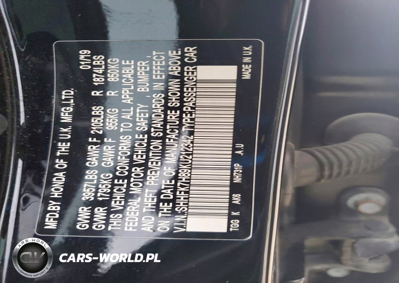 2019 Honda Civic Exl VIN:SHHFK7H89KU212342 - 12