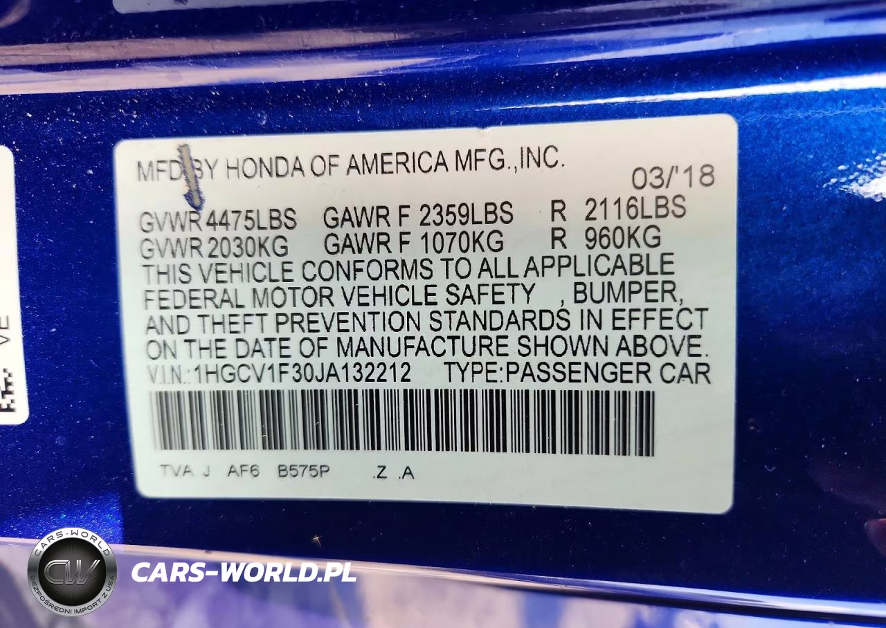 2018 Honda Accord Sport VIN:1HGCV1F30JA132212 - 12