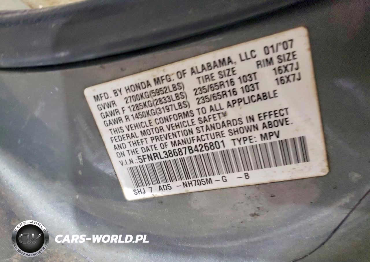 2007 Honda Odyssey Exl VIN:5FNRL38687B426801 - 13