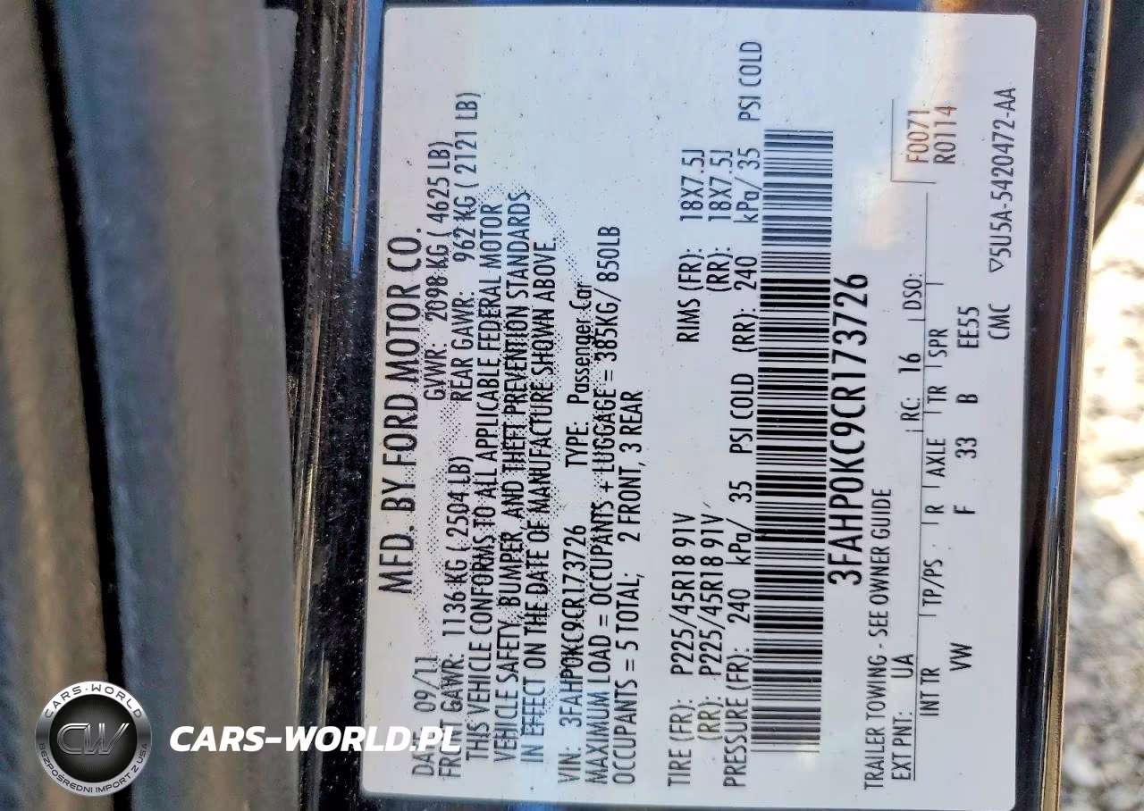 2012 Ford Fusion Sport VIN:3FAHP0KC9CR173726 - 12
