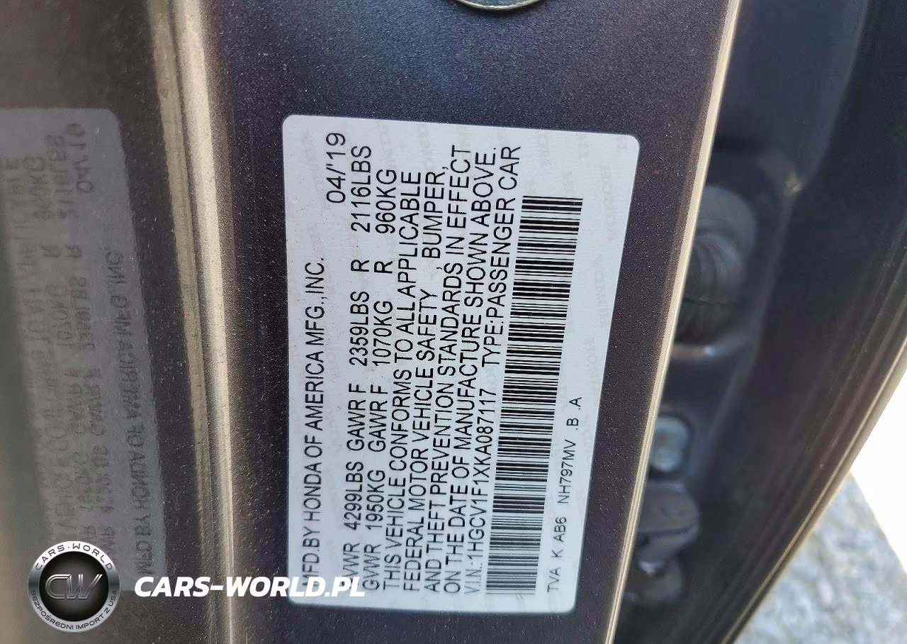 2019 Honda Accord Lx VIN:1HGCV1F1XKA087117 - 12