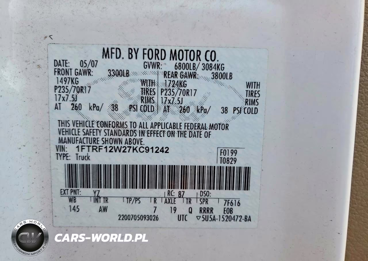 2007 Ford F150 VIN:1FTRF12W27KC91242 - 12