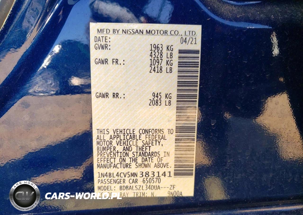2021 Nissan Altima Sr VIN:1N4BL4CV5MN383141 - 12