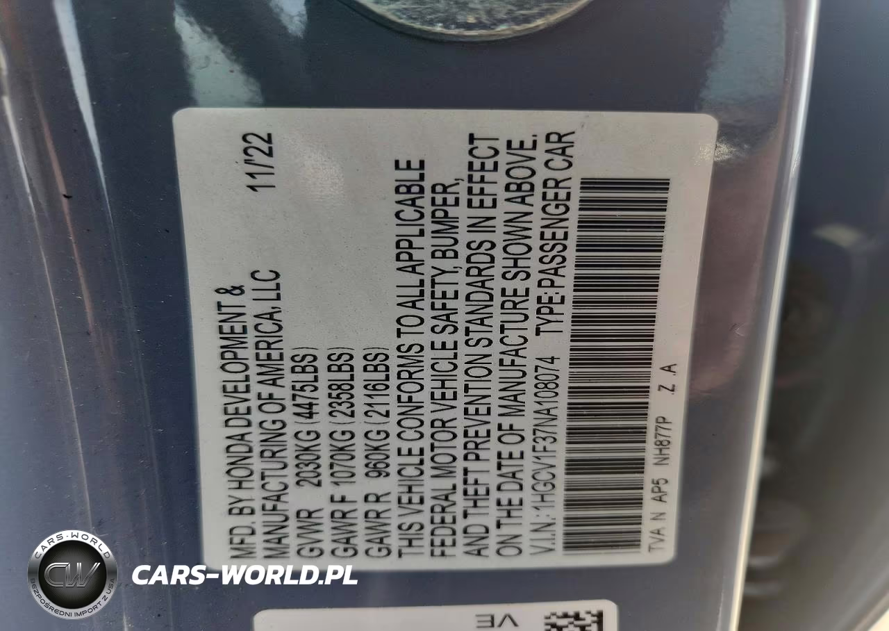 2022 Honda Accord Sport VIN:1HGCV1F37NA108074 - 12