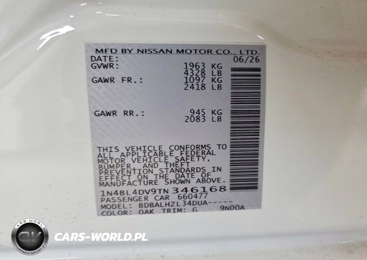2026 Nissan Altima Sv VIN:1N4BL4DV9TN346168 - 12