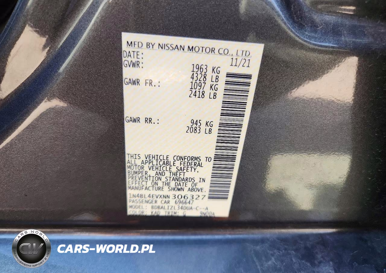 2022 Nissan Altima Sl VIN:1N4BL4EVXNN306327 - 13