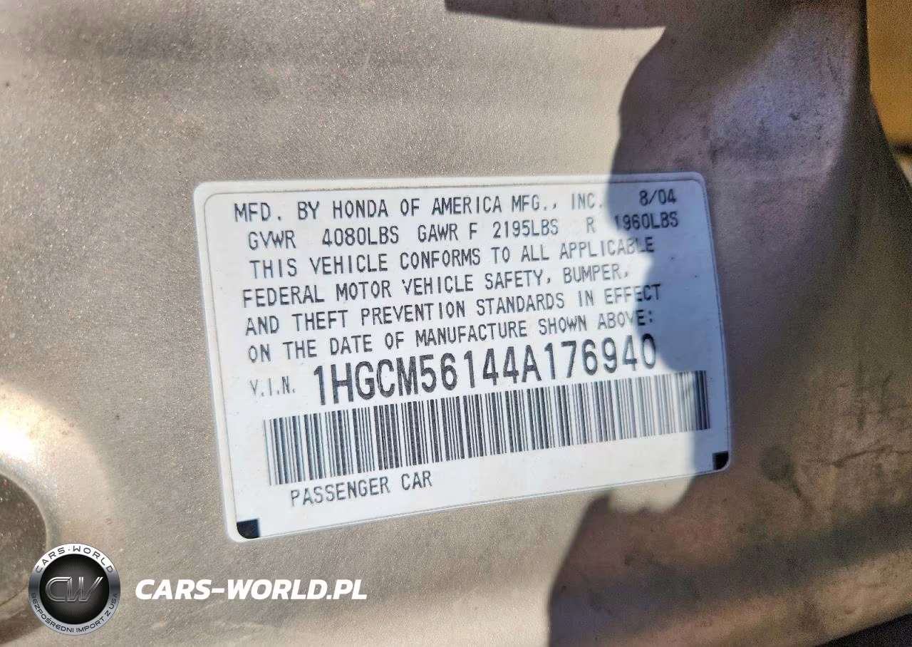2004 Honda Accord Dx VIN:1HGCM56144A176940 - 12