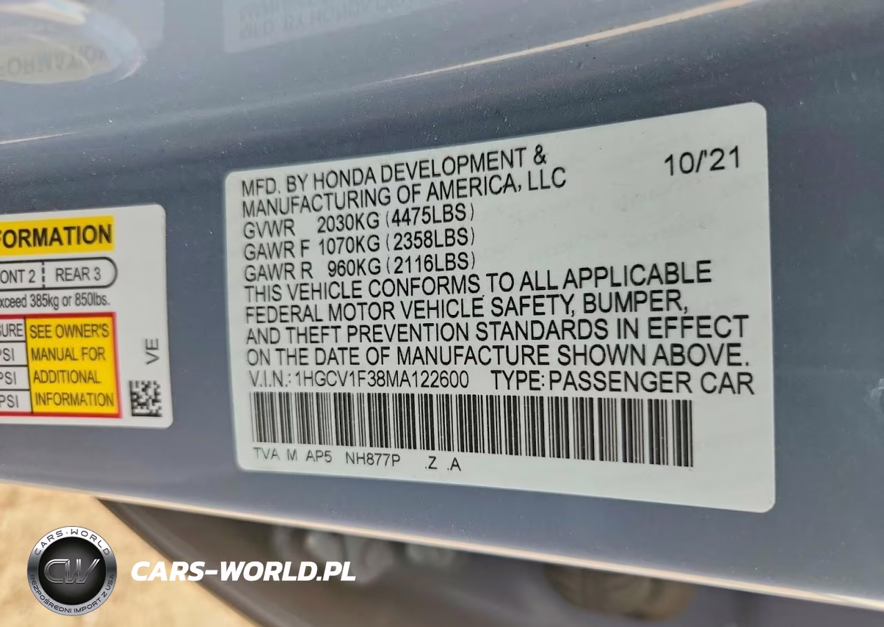 2021 Honda Accord Sport VIN:1HGCV1F38MA122600 - 12
