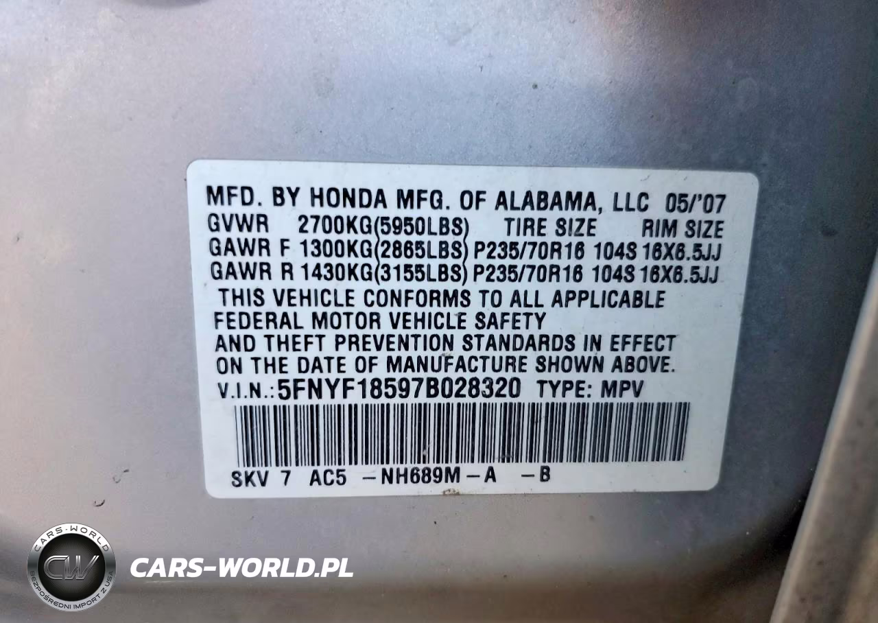 2007 Honda Pilot Exl VIN:5FNYF18597B028320 - 13