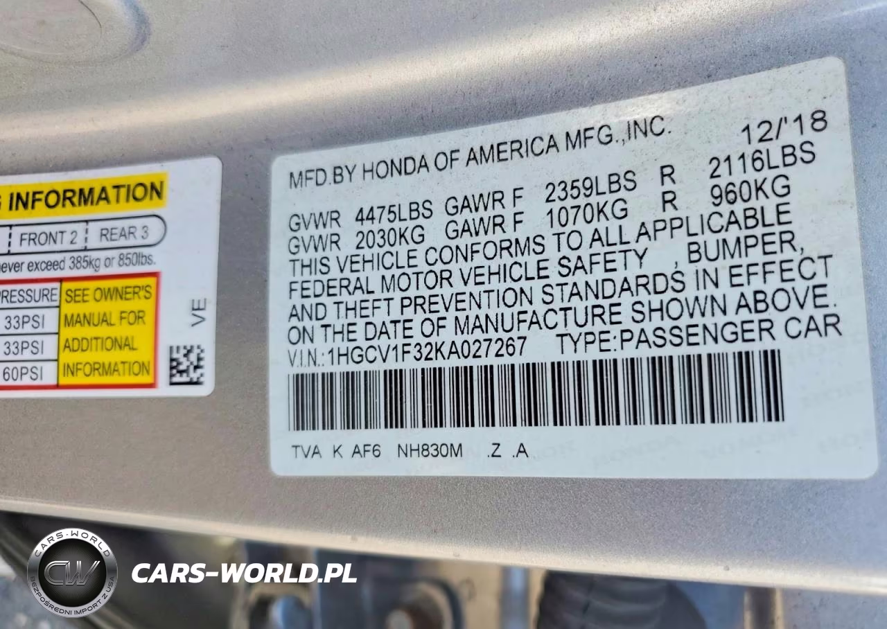 2019 Honda Accord Sport VIN:1HGCV1F32KA027267 - 12