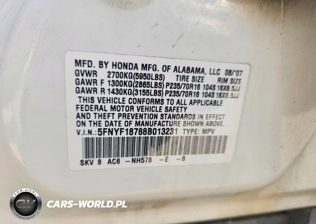 2008 Honda Pilot Exl VIN:5FNYF18788B013231 - 13