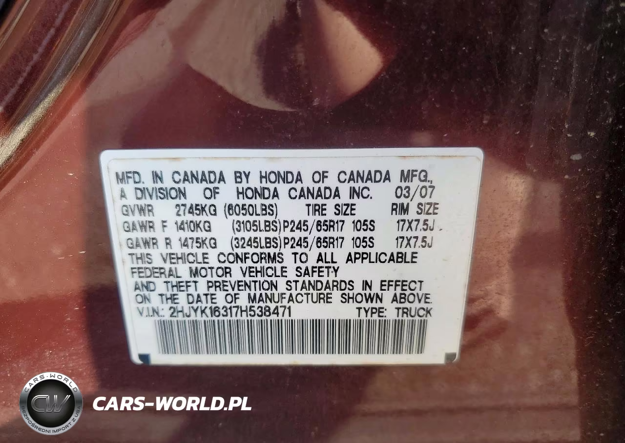 2007 Honda Ridgeline Rtx VIN:2HJYK16317H538471 - 12
