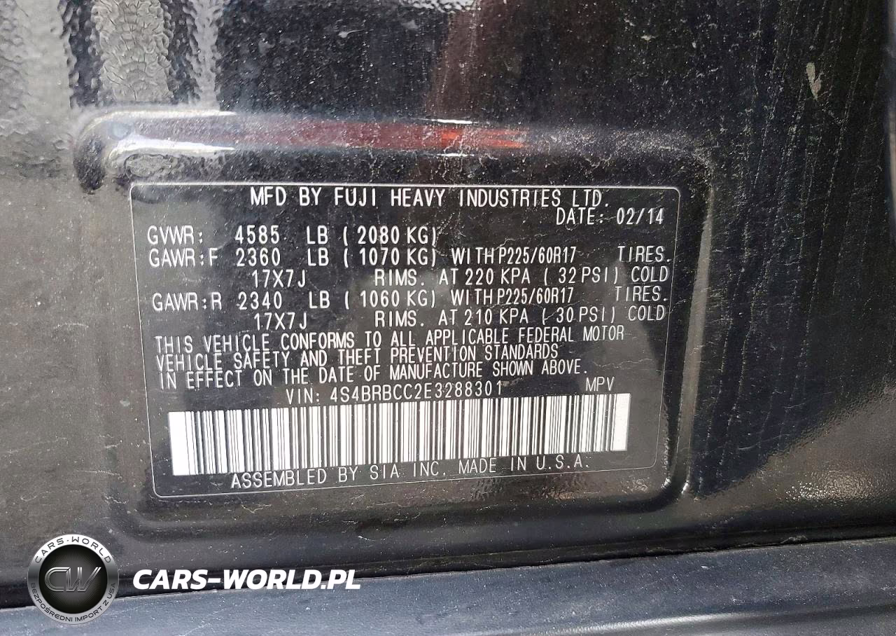2014 Subaru Outback 2.5I Premium VIN:4S4BRBCC2E3288301 - 12