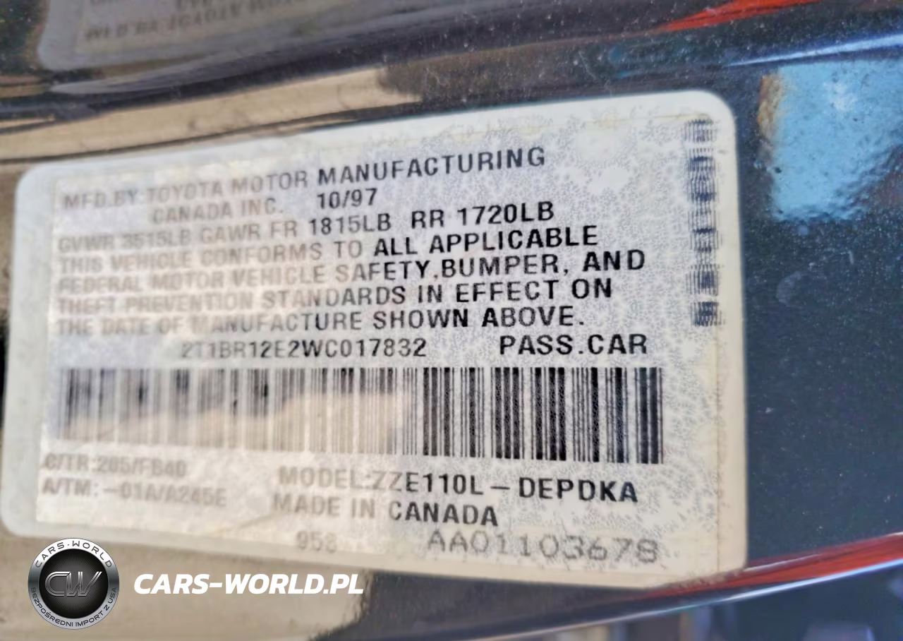 1998 Toyota Corolla Ve VIN:2T1BR12E2WC017832 - 12
