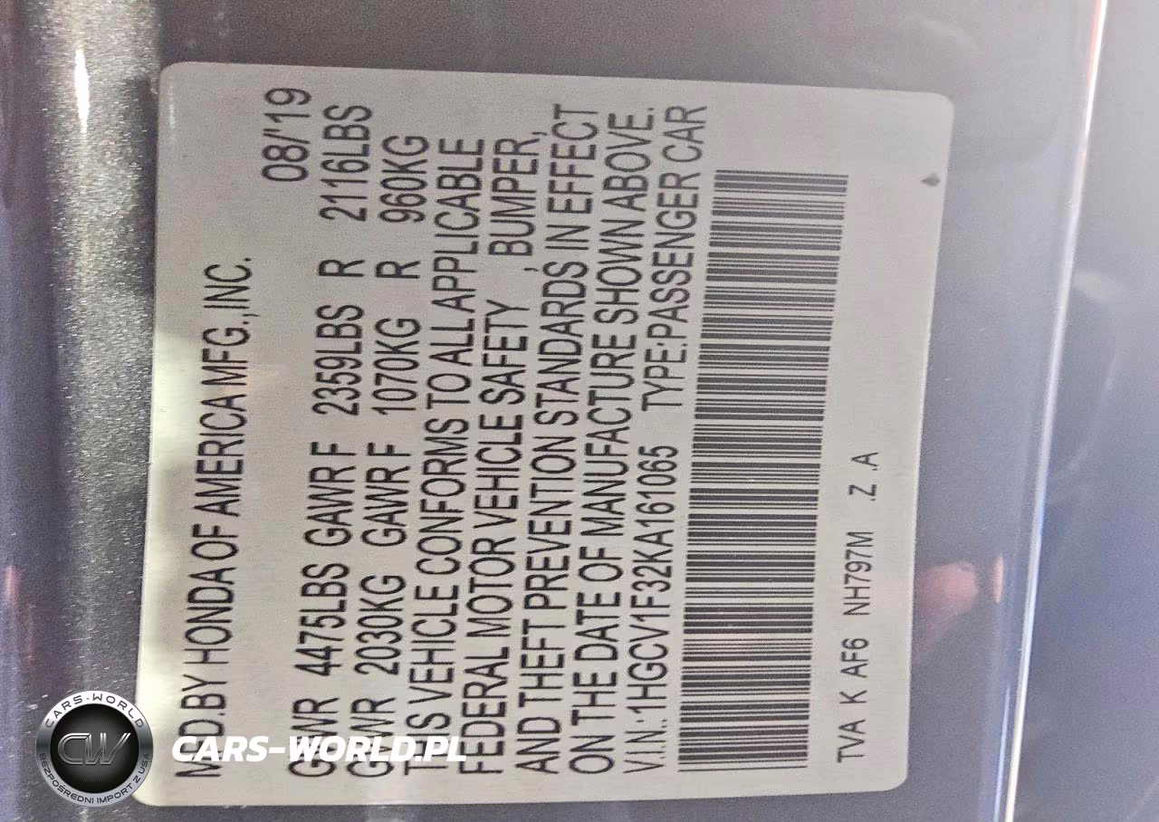 2019 Honda Accord Sport VIN:1HGCV1F32KA161065 - 12