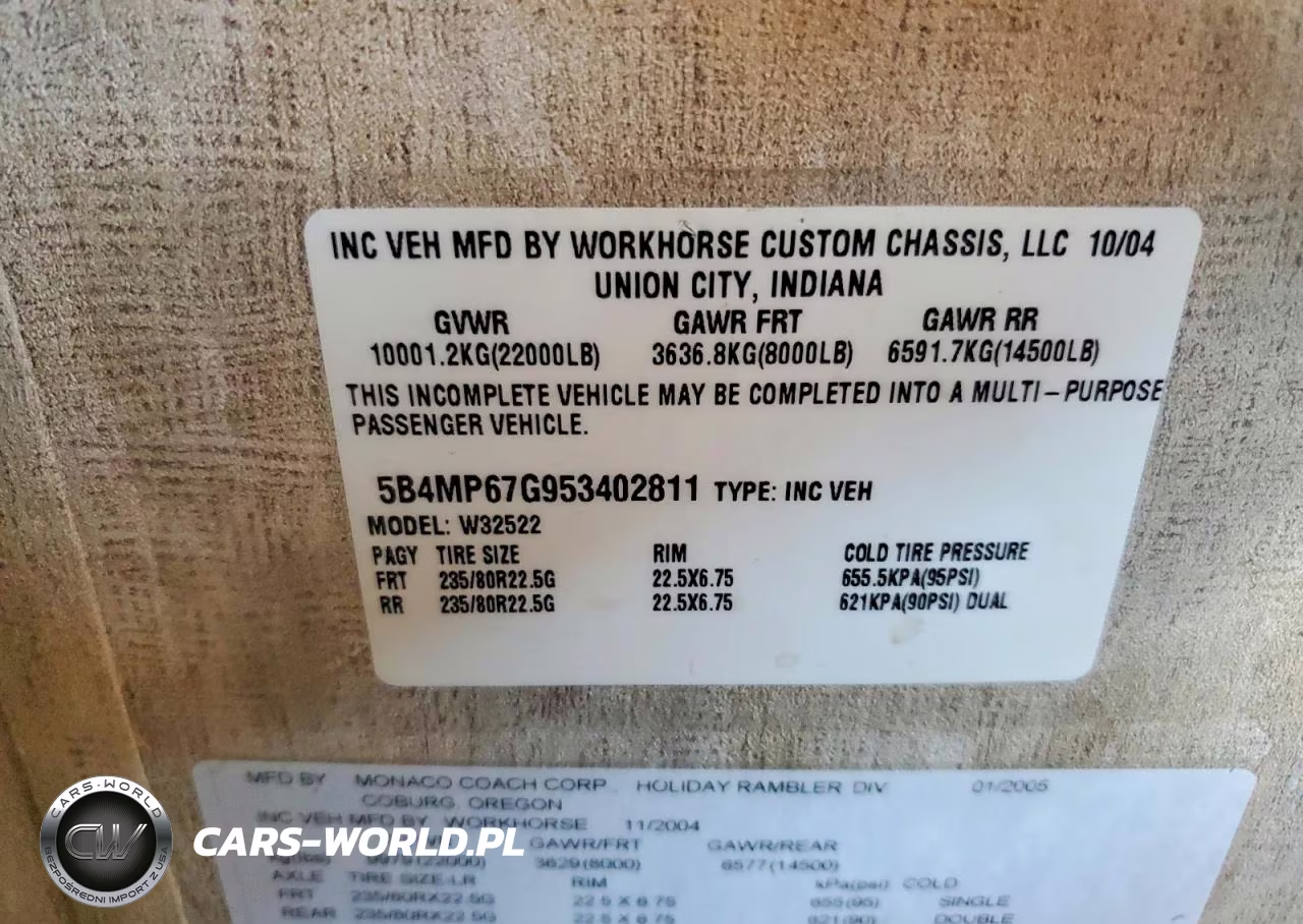 2005 Workhorse Custom Chassis Motorhome Chassis W22 VIN:5B4MP67G953402811 - 10