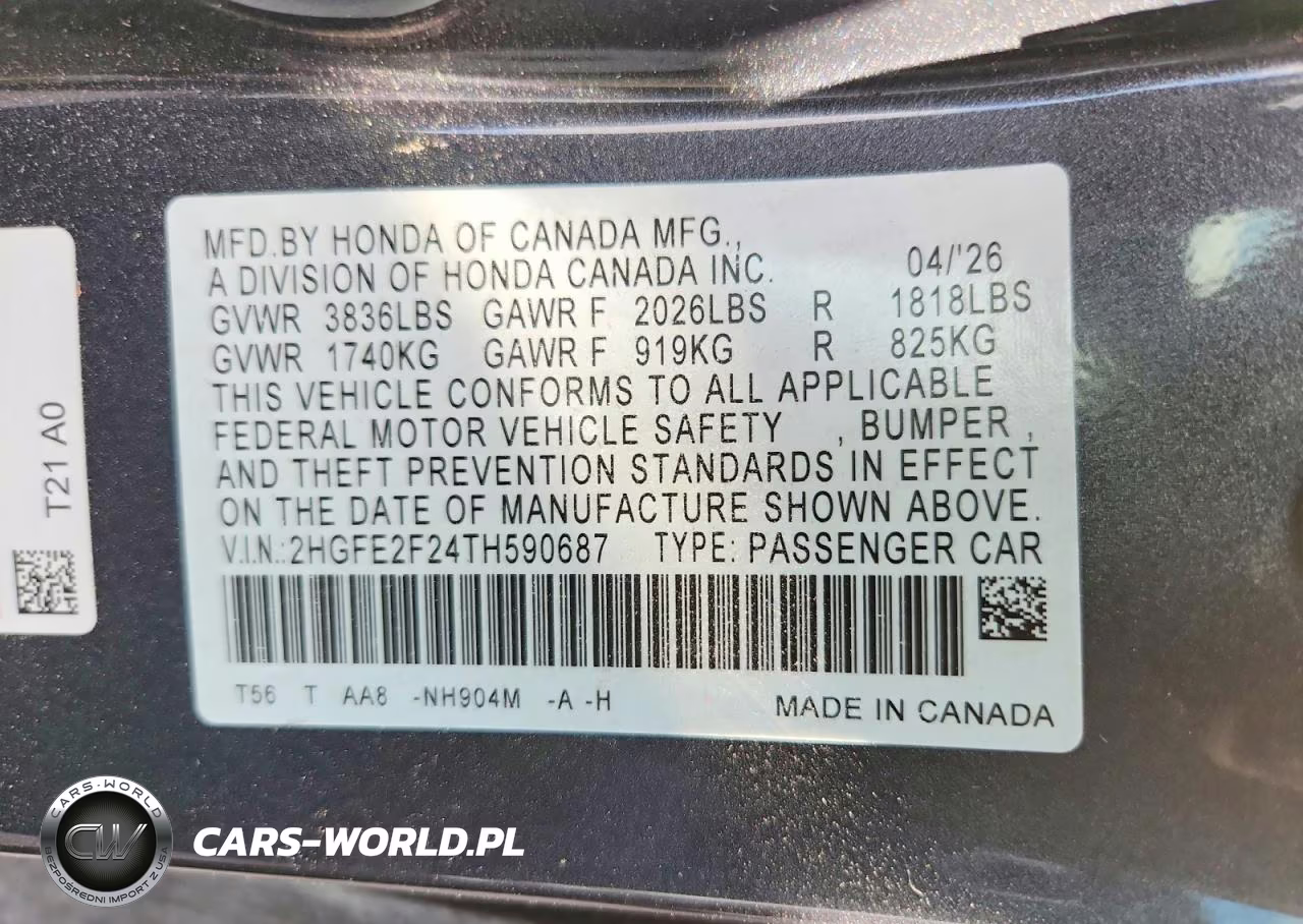 2026 Honda Civic Lx VIN:2HGFE2F24TH590687 - 12