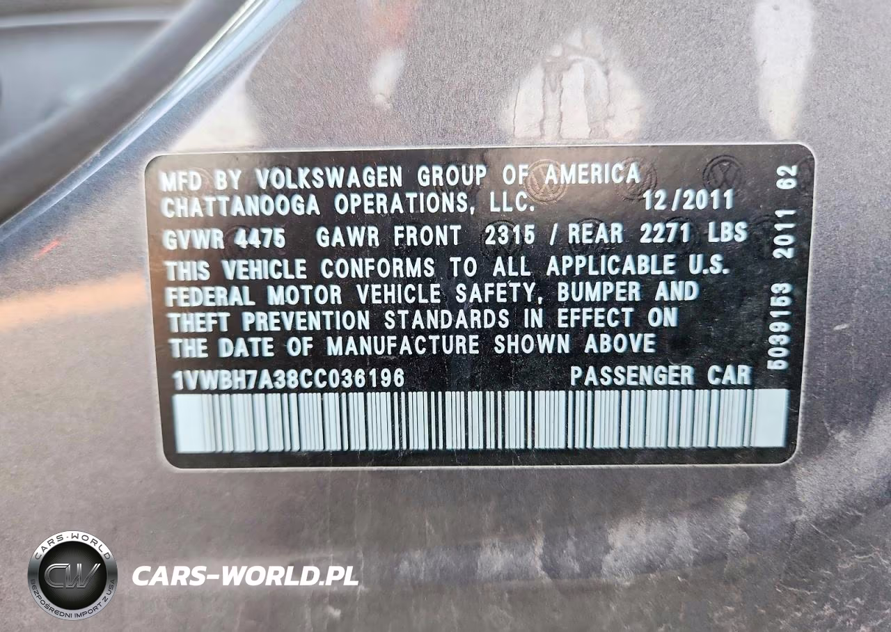 2012 Volkswagen Passat Se VIN:1VWBH7A38CC036196 - 12