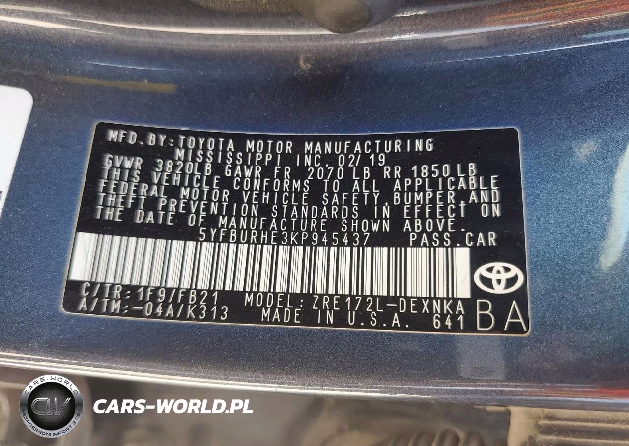 2019 Toyota Corolla Le VIN:5YFBURHE3KP945437 - 13