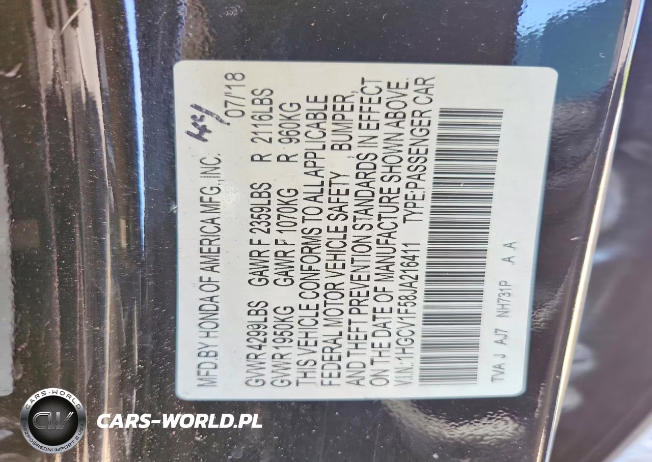 2018 Honda Accord Exl VIN:1HGCV1F58JA216411 - 12