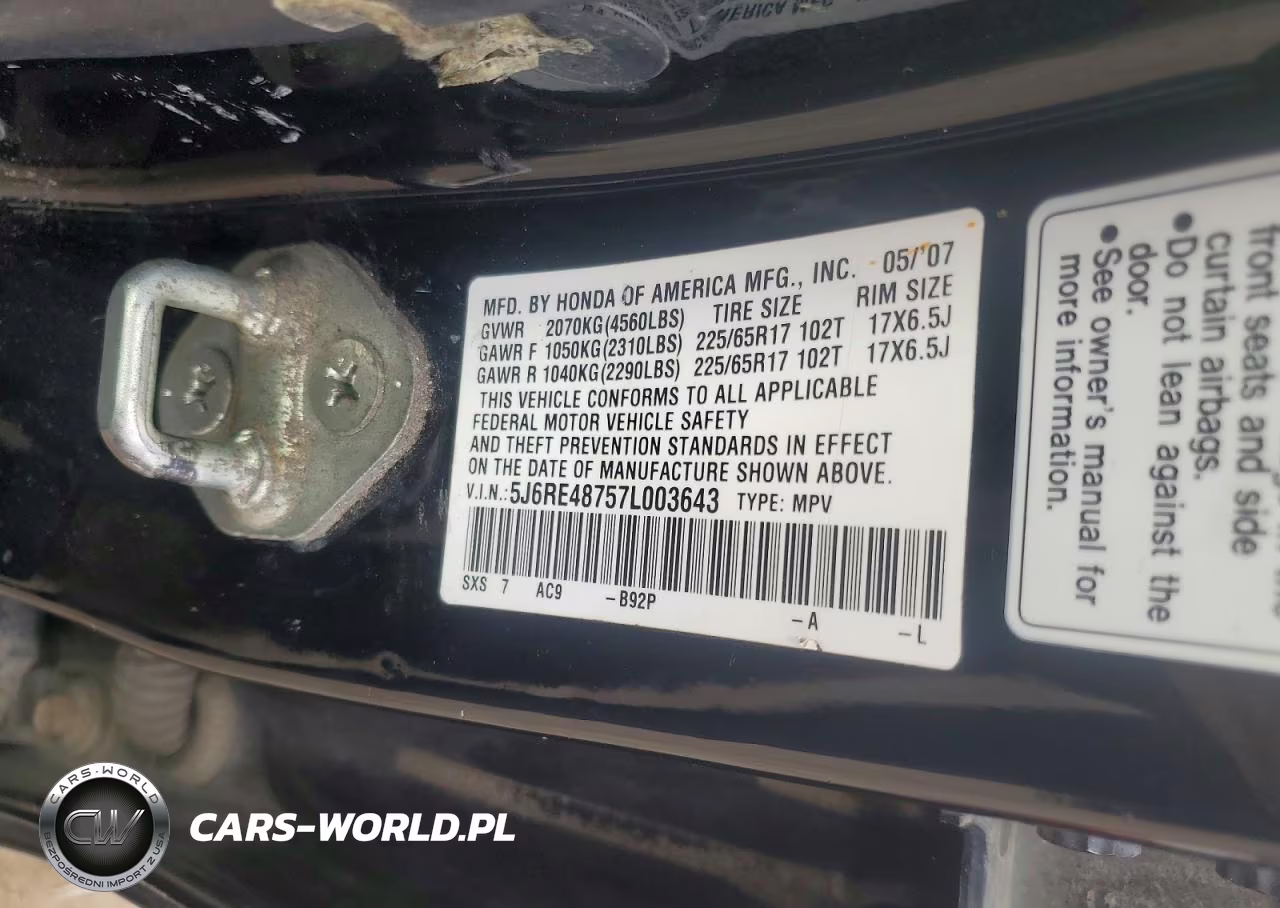 2007 Honda Cr-V Exl VIN:5J6RE48757L003643 - 13