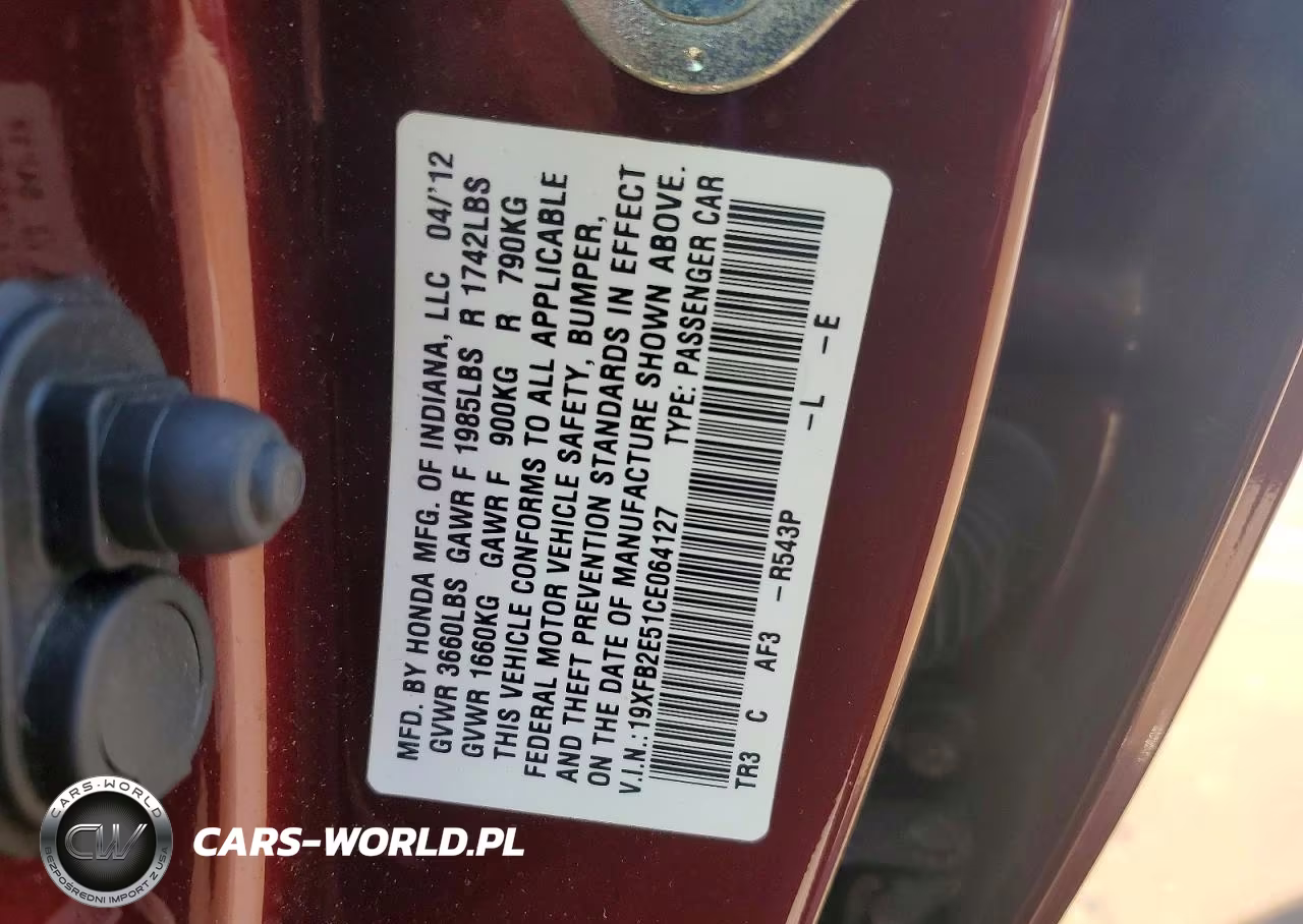 2012 Honda Civic Lx VIN:19XFB2E51CE064127 - 12