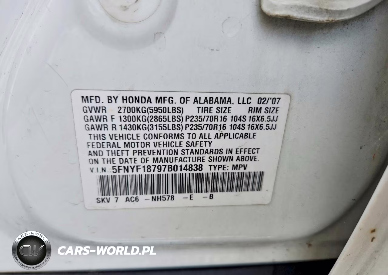 2007 Honda Pilot VIN:5FNYF18797B014838 - 14