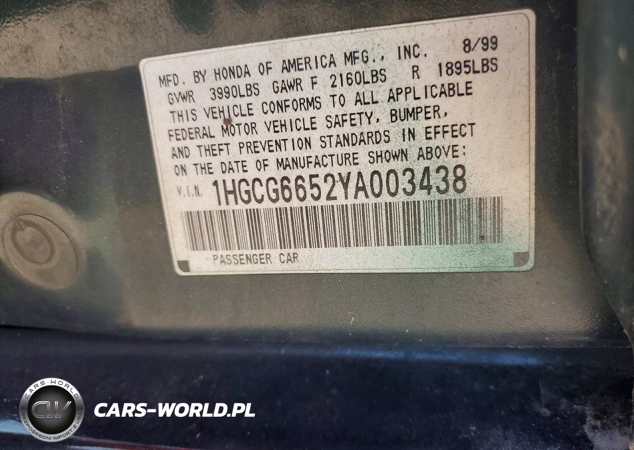2000 Honda Accord Lx VIN:1HGCG6652YA003438 - 12