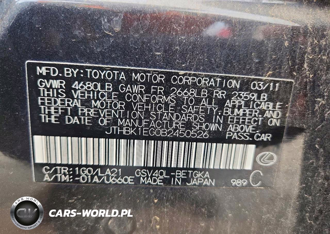 2011 Lexus Es 350 VIN:JTHBK1EG0B2450526 - 12