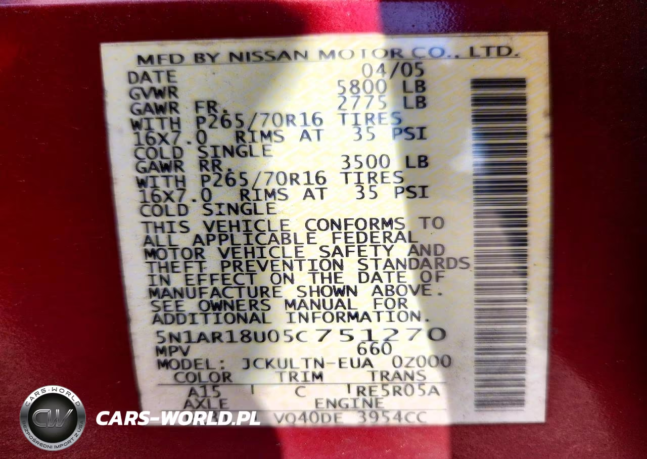 2005 Nissan Pathfinder Xe VIN:5N1AR18U05C751270 - 13