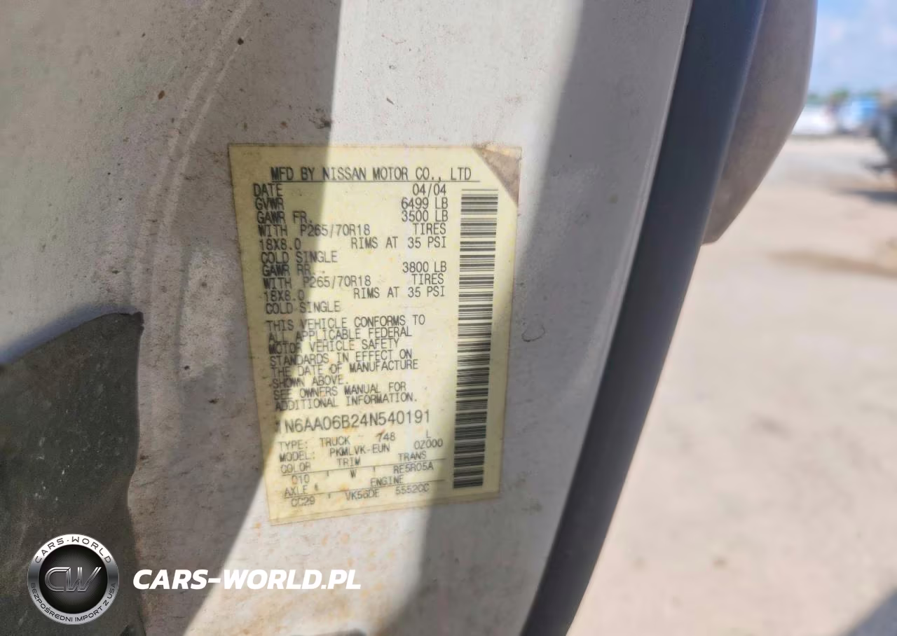 2004 Nissan Titan Xe VIN:1N6AA06B24N540191 - 12