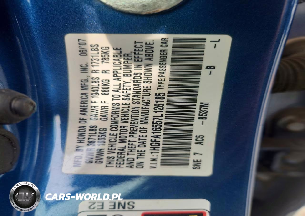 2007 Honda Civic Lx VIN:1HGFA16557L126185 - 12