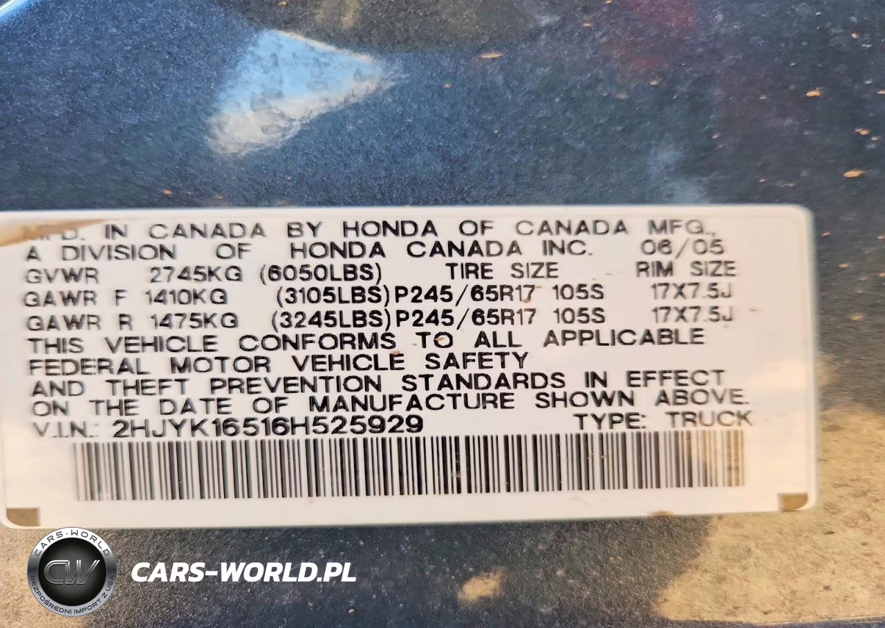 2006 Honda Ridgeline Rtl VIN:2HJYK16516H525929 - 12