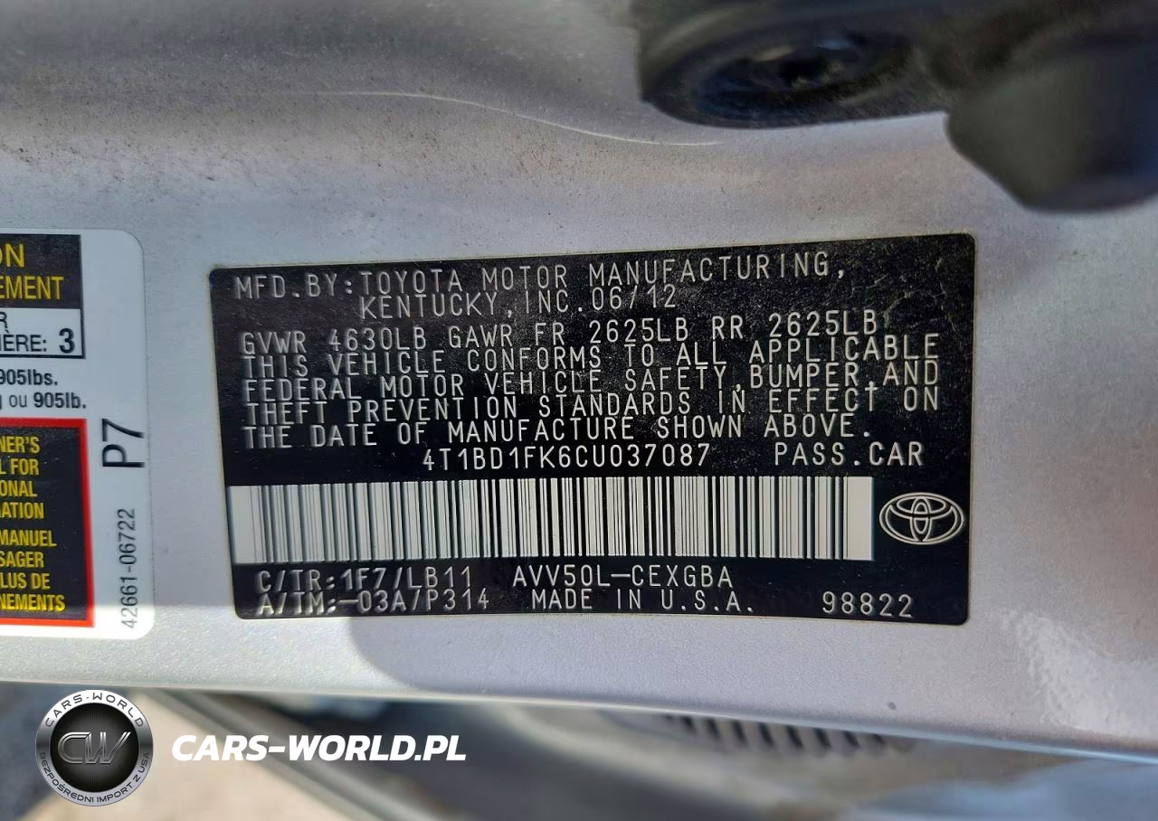 2012 Toyota Camry Hybrid Xle VIN:4T1BD1FK6CU037087 - 12