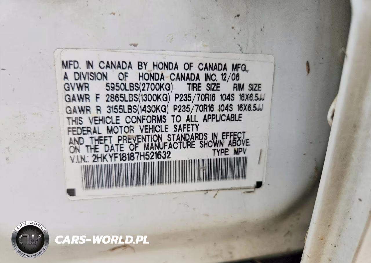 2007 Honda Pilot Lx VIN:2HKYF18187H521632 - 12