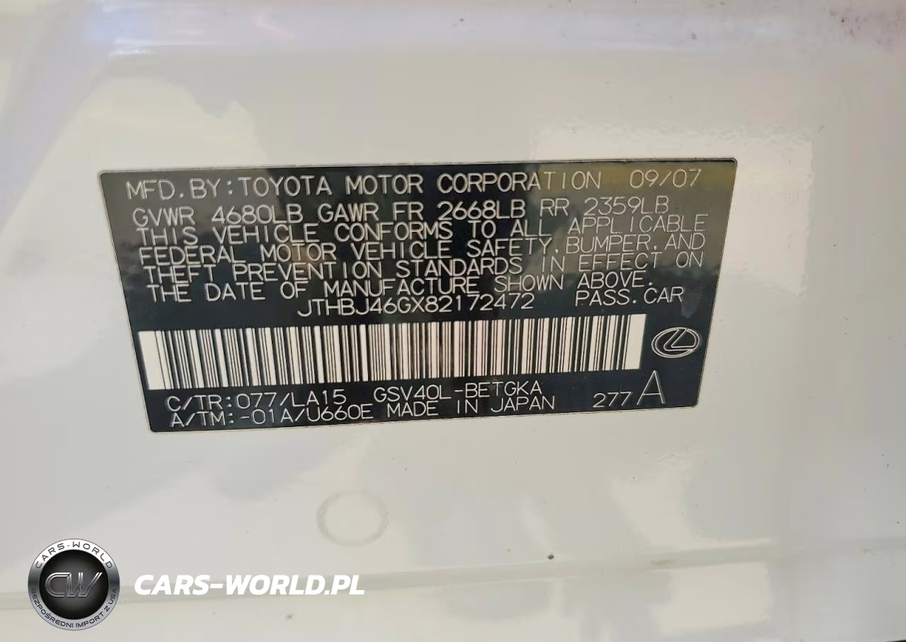 2008 Lexus Es 350 VIN:JTHBJ46GX82172472 - 12