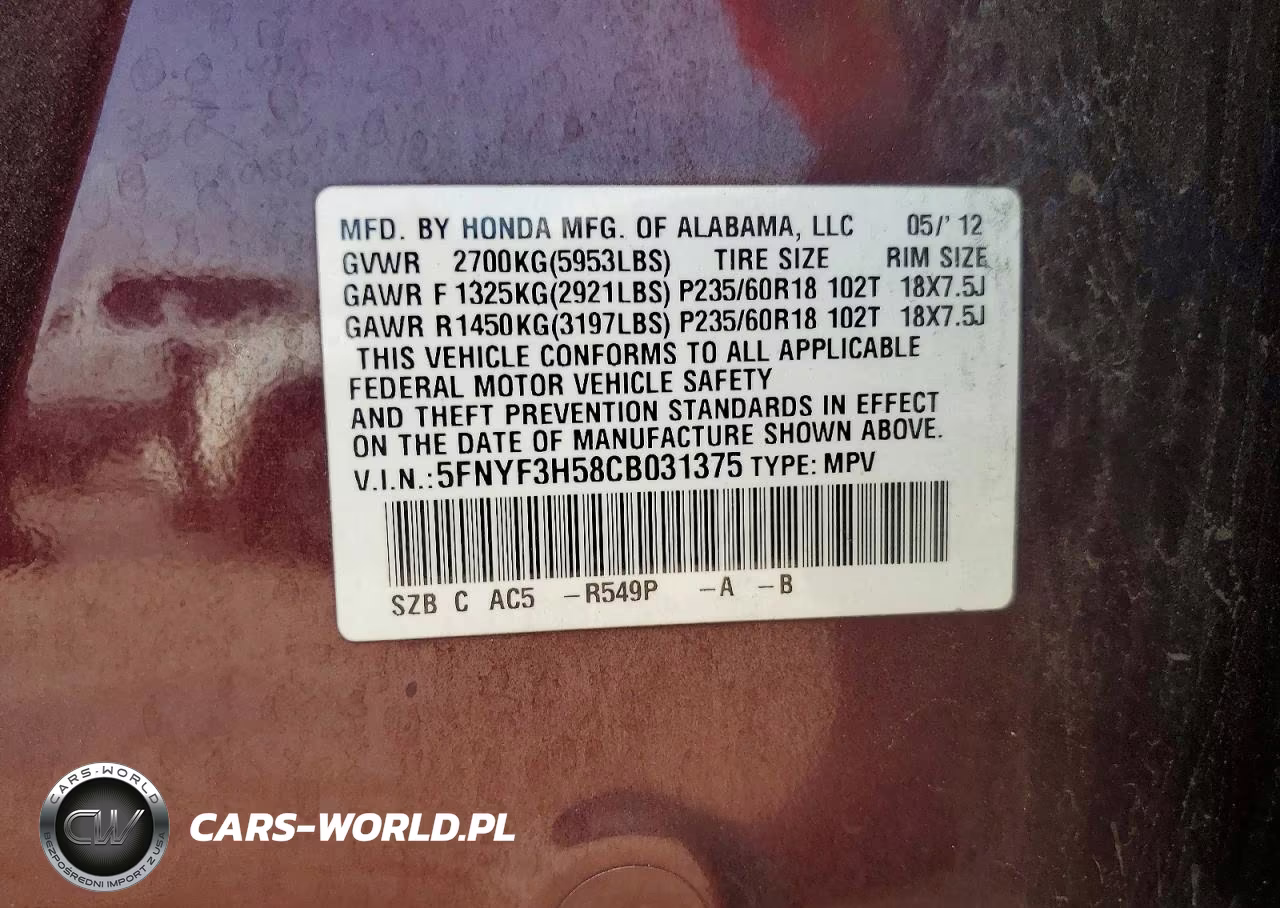 2012 Honda Pilot Exl VIN:5FNYF3H58CB031375 - 13