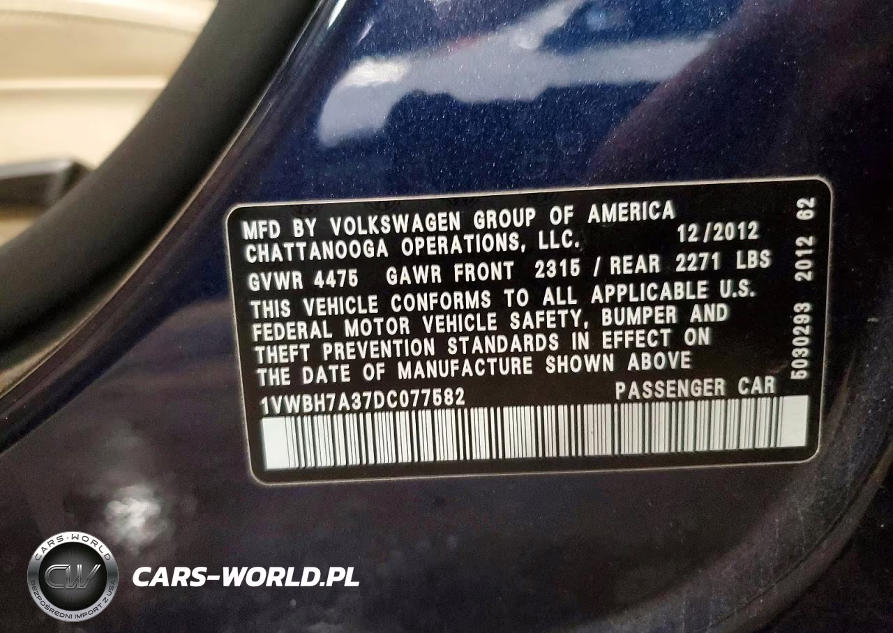 2013 Volkswagen Passat Se VIN:1VWBH7A37DC077582 - 12