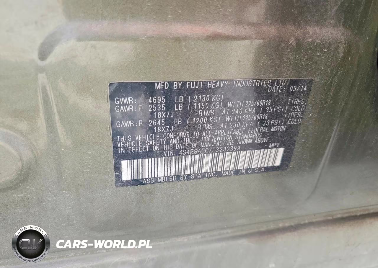 2015 Subaru Outback 2.5I Limited VIN:4S4BSALC7F3232399 - 14