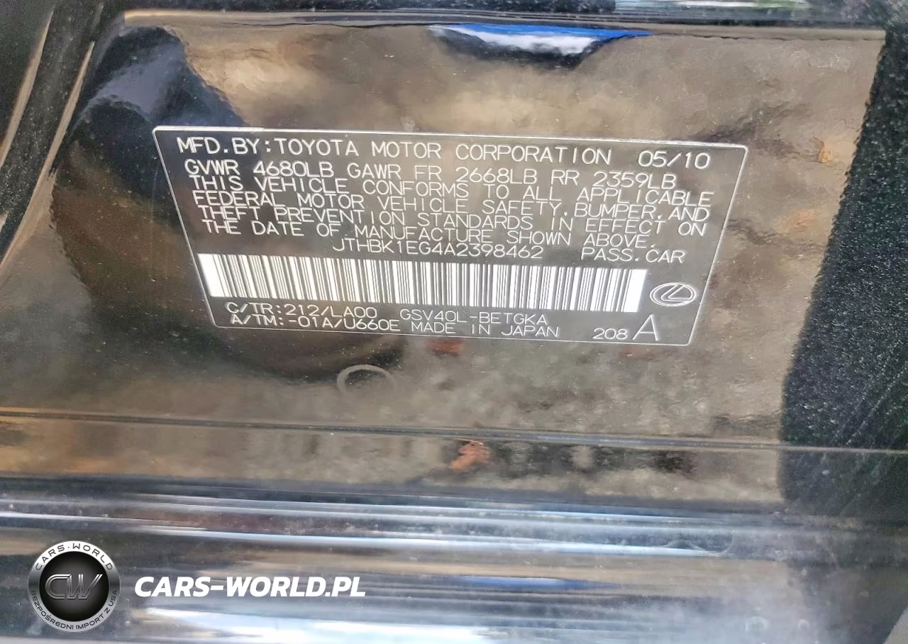 2010 Lexus Es 350 VIN:JTHBK1EG4A2398462 - 12