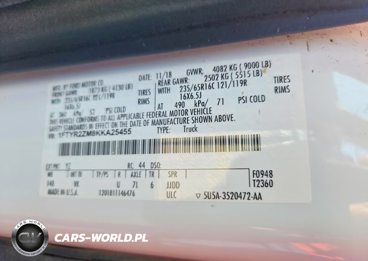2019 Ford Transit T-250 VIN:1FTYR2ZM8KKA25455 - 13