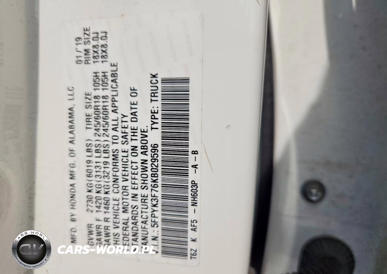 2019 Honda Ridgeline Rtl VIN:5FPYK3F76KB029596 - 13