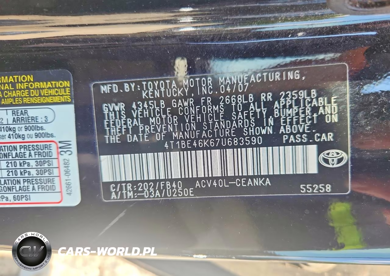 2007 Toyota Camry Le VIN:4T1BE46K67U683590 - 12