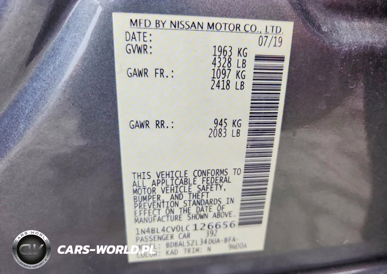 2020 Nissan Altima Sr VIN:1N4BL4CV0LC126656 - 12