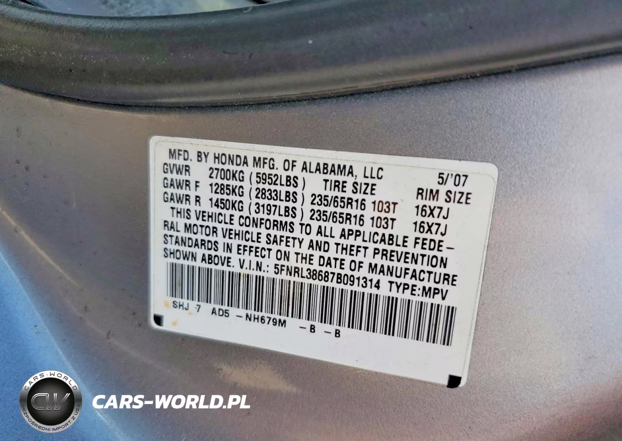 2007 Honda Odyssey Exl VIN:5FNRL38687B091314 - 13