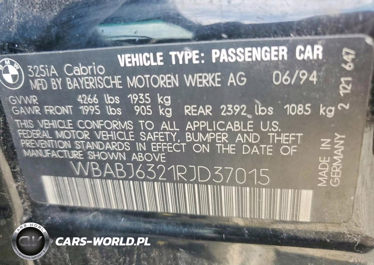 1994 BMW 325 Ic Automatic VIN:WBABJ6321RJD37015 - 12
