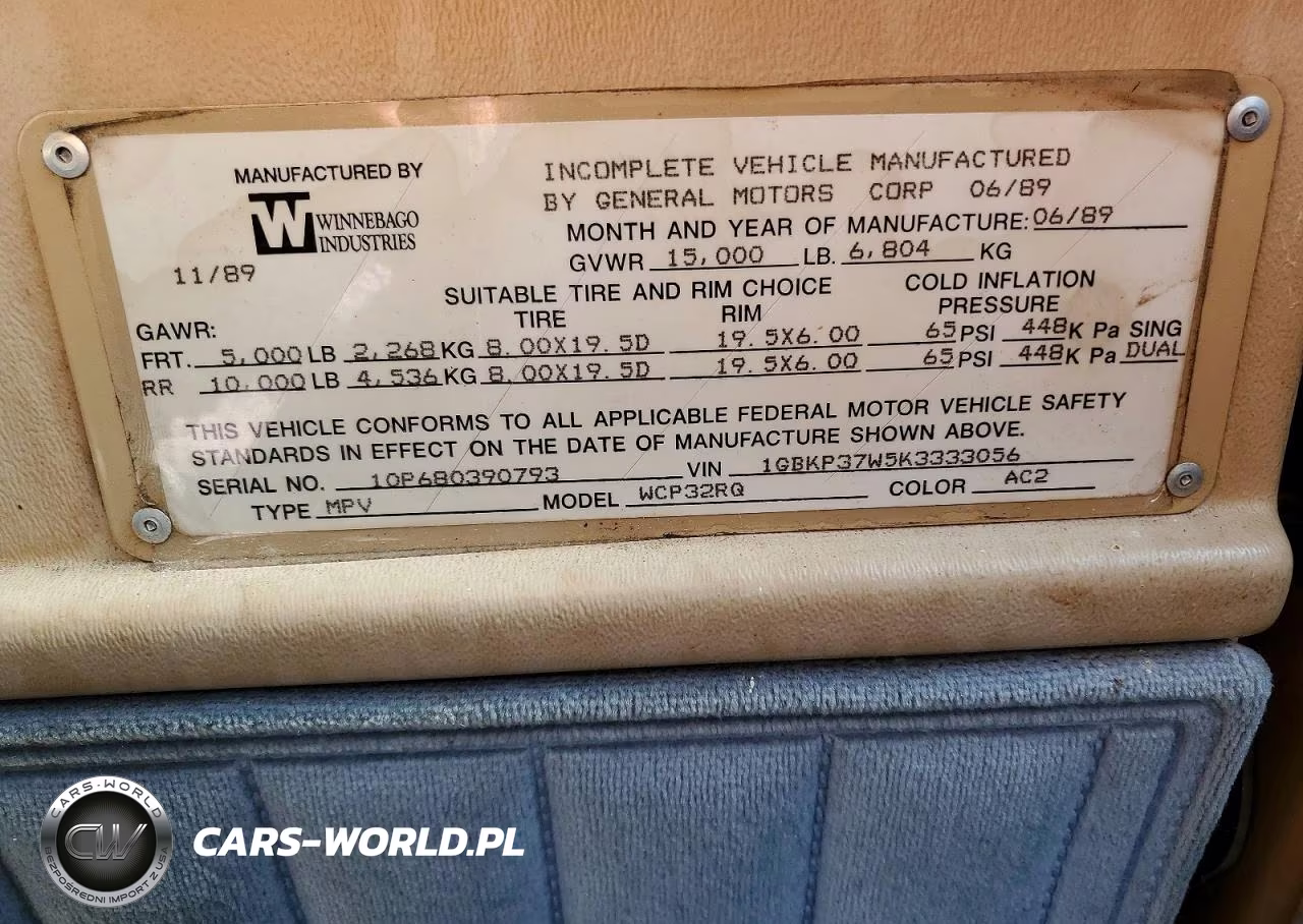 1989 Chevrolet P30 Rv VIN:1GBKP37W5K3333056 - 10