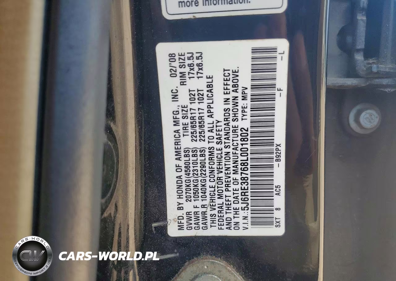 2008 Honda Cr-V Exl VIN:5J6RE38768L001802 - 13
