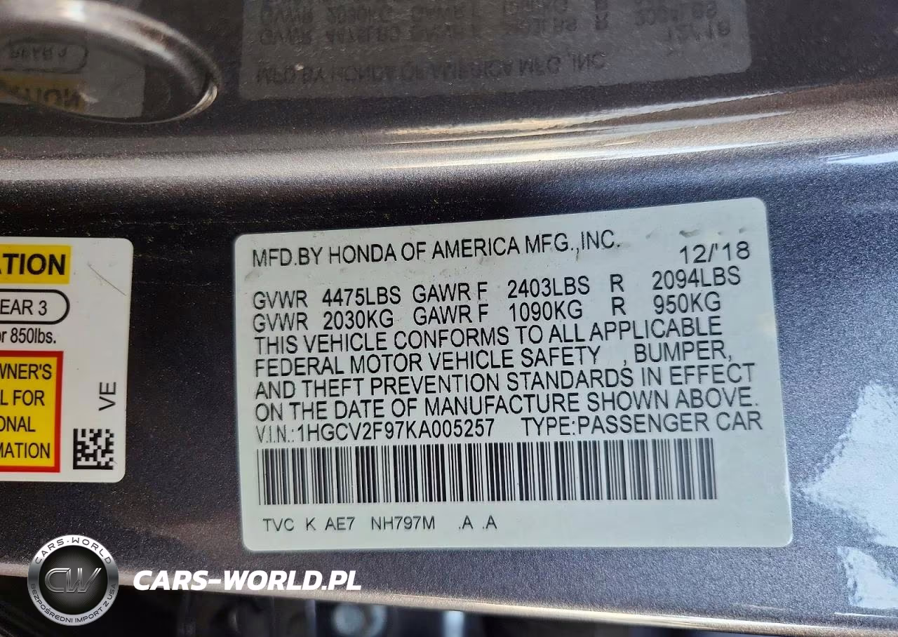 2019 Honda Accord Touring VIN:1HGCV2F97KA005257 - 12