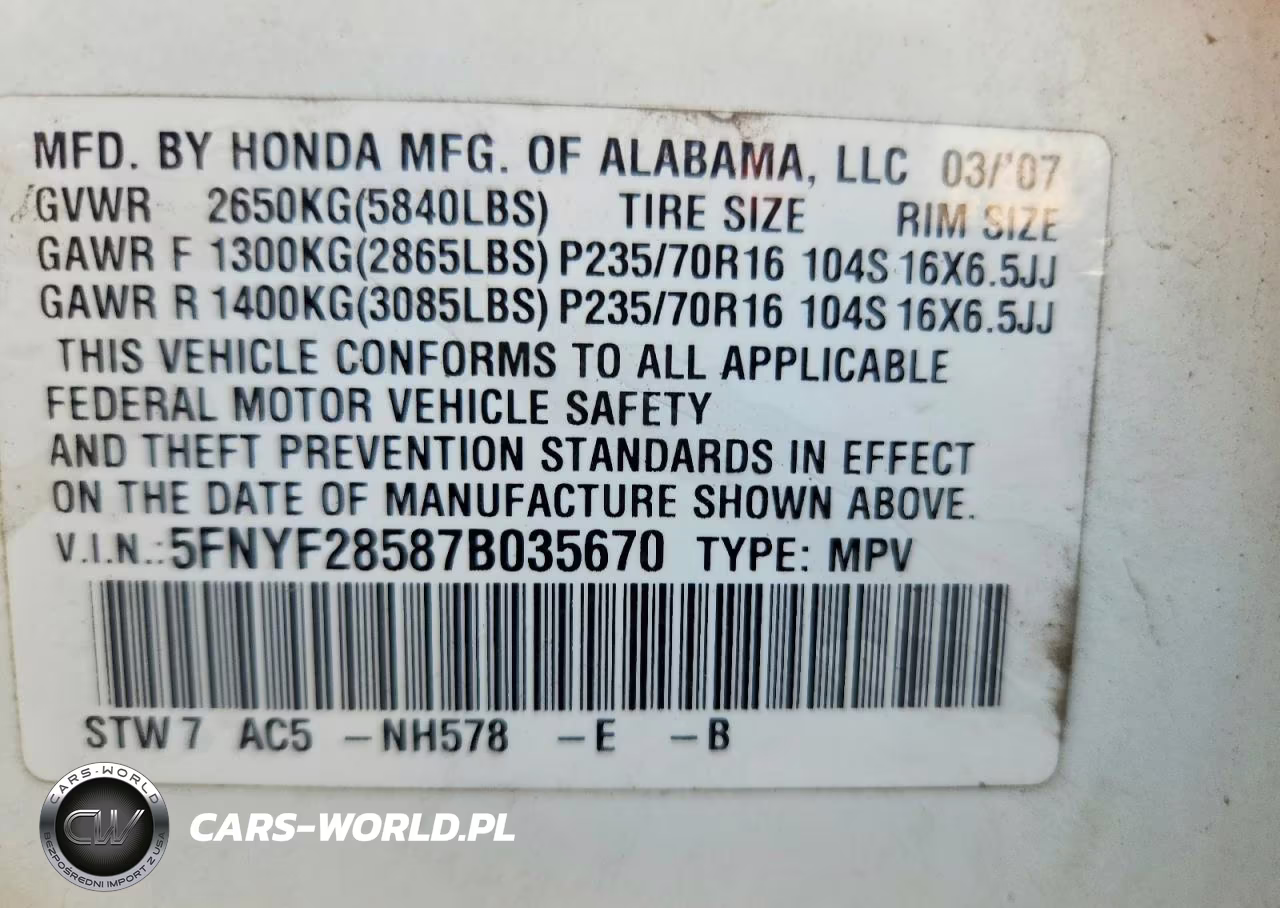 2007 Honda Pilot Exl VIN:5FNYF28587B035670 - 13